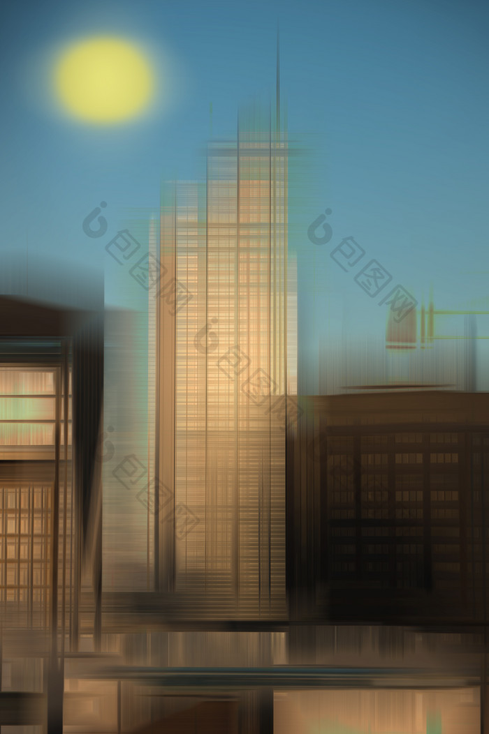 月光下城市高楼模糊建筑