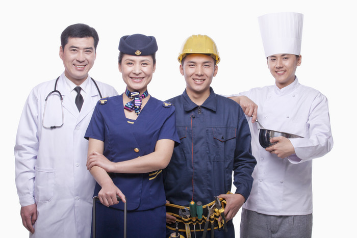 四个人工程师医生空姐厨师职业站着微笑摄影