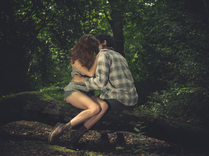 坐在树干上拥吻的情侣