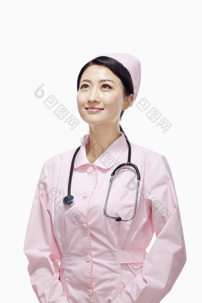 医疗保健人员护士粉红色的听诊器仰望微笑