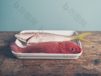 白盘子里的生鱼摄影图