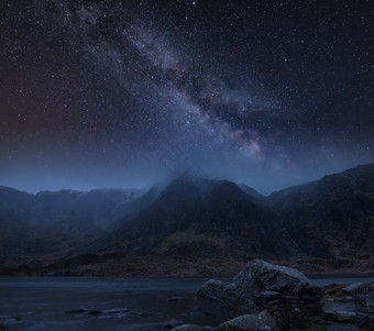 夜空下的<strong>山坡</strong>湖水