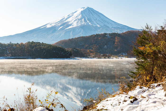 富士山下的河水摄影图