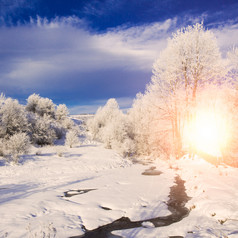 阳光下雪地河流摄影图