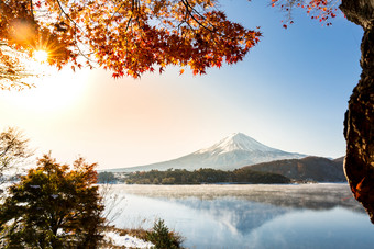 阳光照耀雪山湖泊