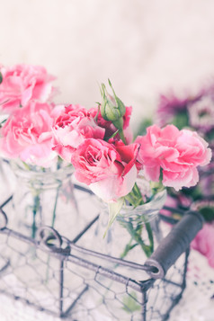 架子透明花瓶里的粉色花卉