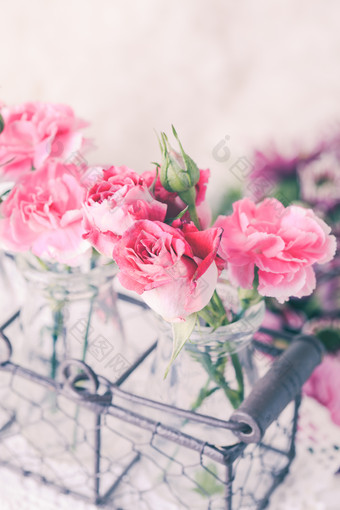 架子透明花瓶里的粉色花卉