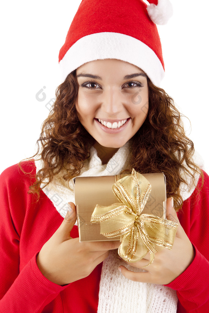 拿着金色礼盒的圣诞女孩