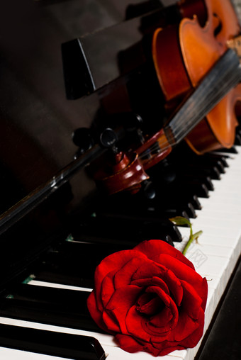 钢琴上的吉他和玫瑰