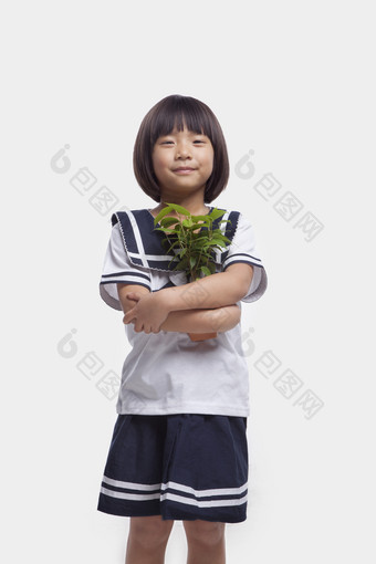 学生女孩校服花盆环保绿色微笑公益摄影