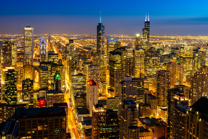空中芝加哥摩天大楼夜景
