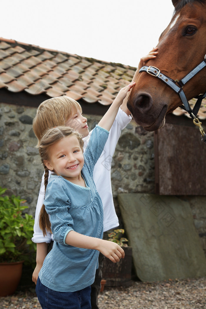 抚摸马的儿童摄影图