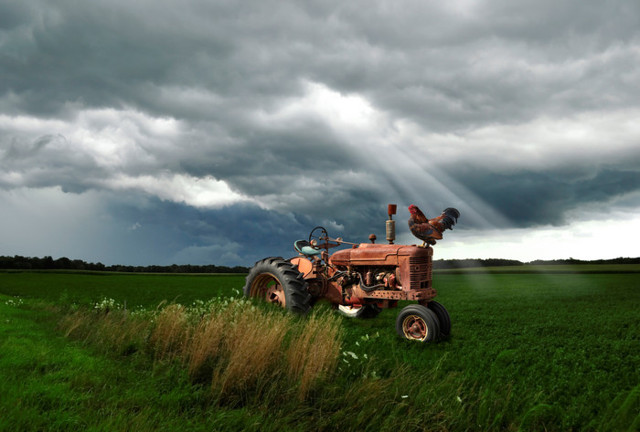 暗色调农田中的拖拉机摄影图