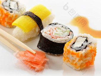 小清新吃寿司摄影图