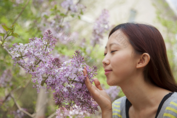 清新花中的女孩摄影图