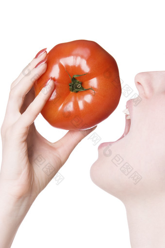 简约吃西红柿的女人摄影图