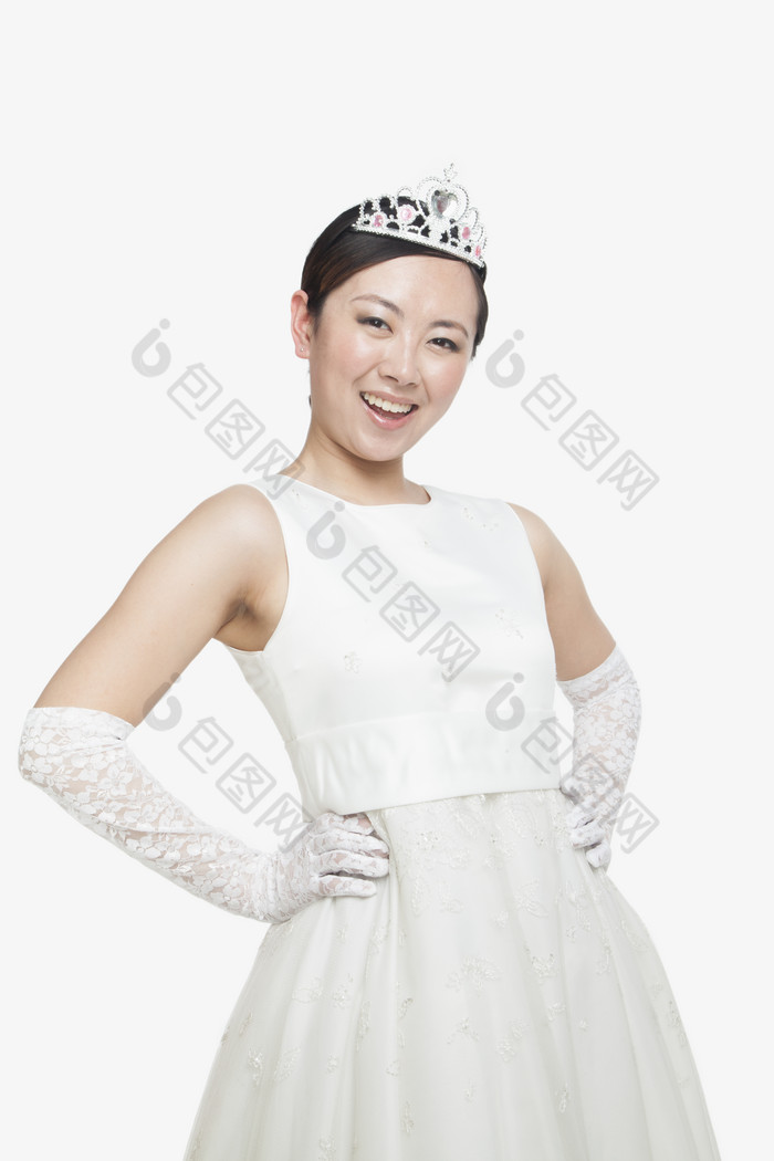 白色礼服婚纱皇冠结婚婚礼女孩开心自信图