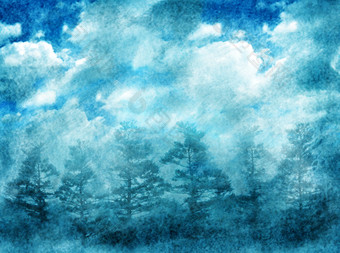 蓝色调树林美景摄影图