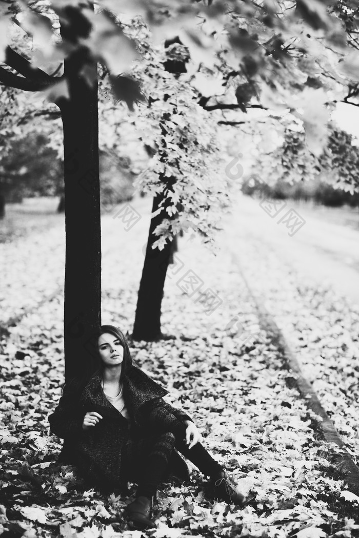 黑白风格树下女人摄影图