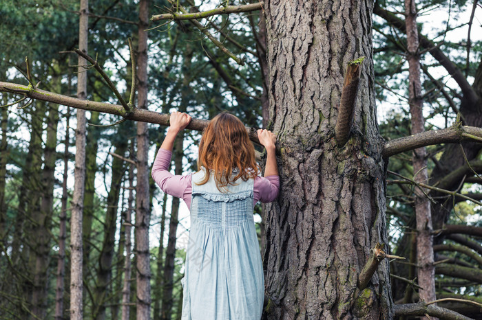 暗色调公园爬树的女孩摄影图