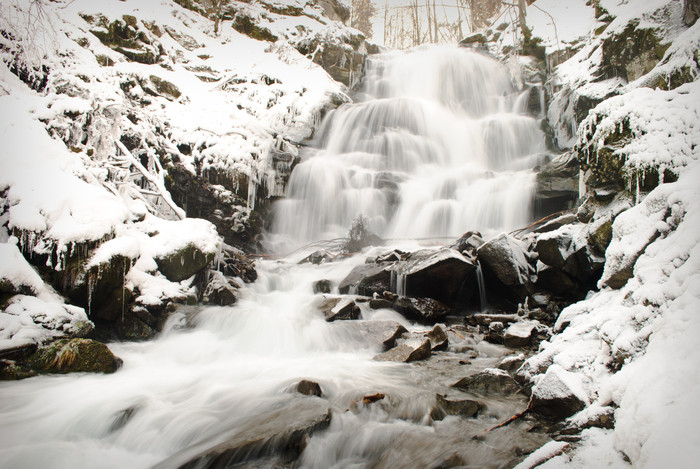冬天下雪的小溪摄影图