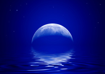 蓝色调月亮倒影摄影图