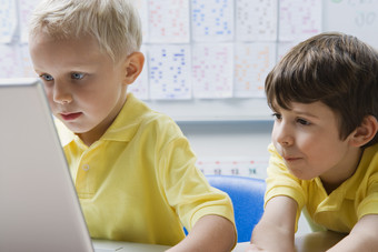 <strong>暗色调玩</strong>电脑的两个孩子摄影图