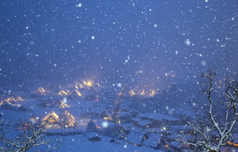冬季夜晚下雪景色