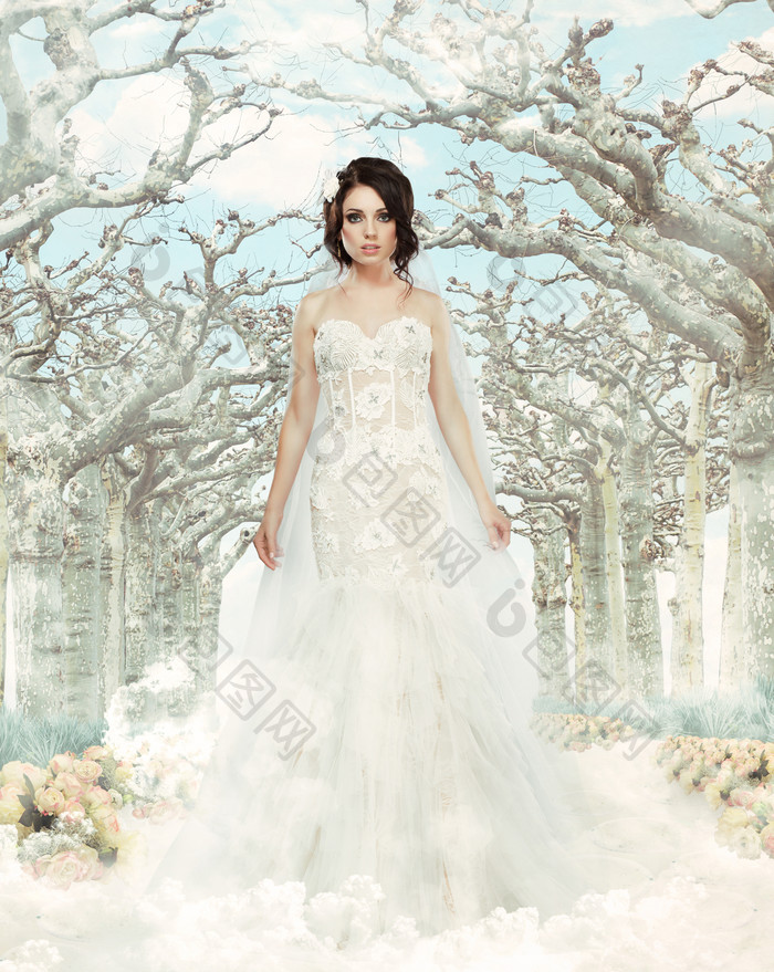 冬季森林背景美丽新娘图片摄影图