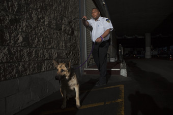 夜晚警察牵着<strong>警犬</strong>