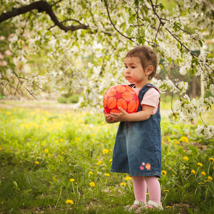 梨树下抱着皮球的女孩