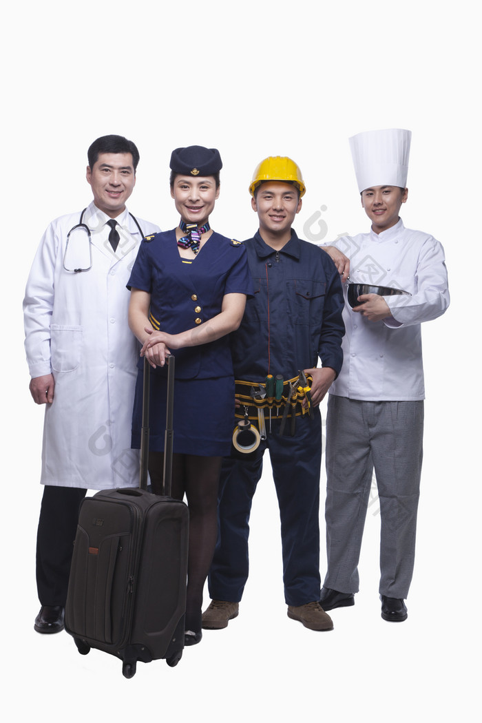 职业医生空姐厨师工程师站着行李男女摄影