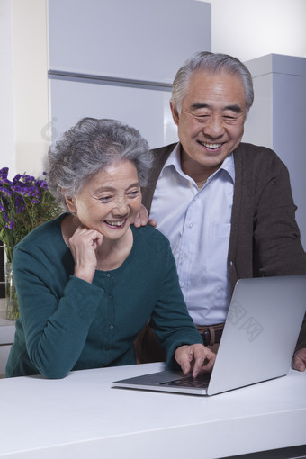 爷爷奶奶老人夫妻看电脑视频微笑