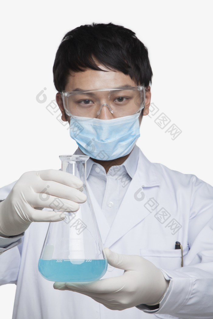 做实验实验室年轻人男子测量杯蓝色的液体