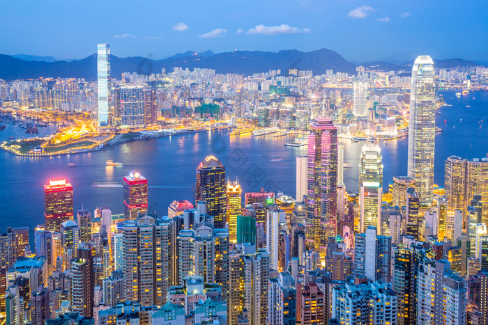 蓝色调香港的夜景摄影图