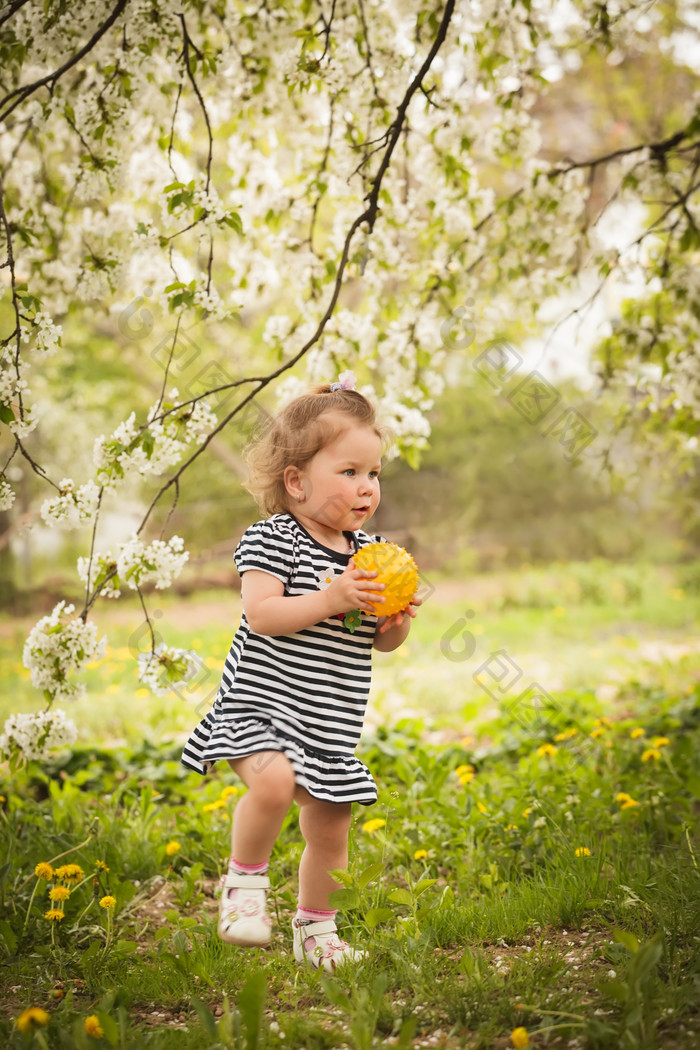 梨花树下拿着球的儿童