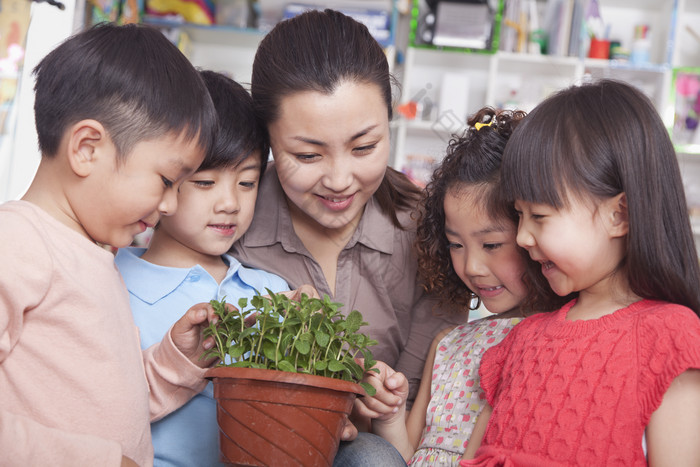 看盆栽的幼儿园小朋友