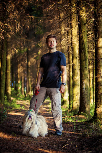 暗色调树林中的男人和狗摄影图
