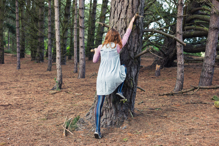 棕色调爬树的女人摄影图