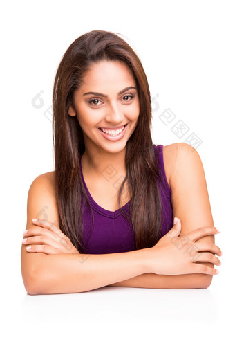 紫背心女人笑脸摄影图