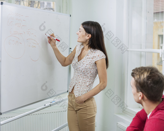 女人开心在白板上写字