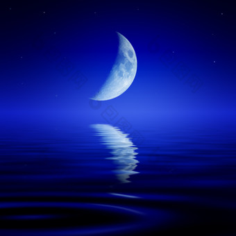 深蓝色调水面月亮摄影图