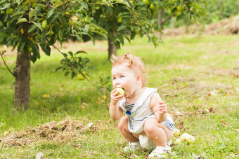 蹲着吃苹果的小婴儿