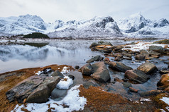 峡湾挪威沙滩冬季雪景