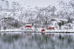 挪威岛屿雪山下的红色屋子