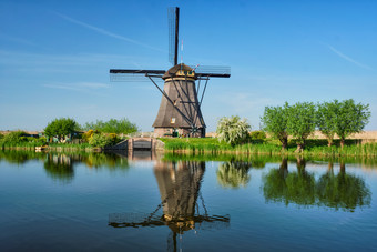 风车荷兰金德迪克风景画