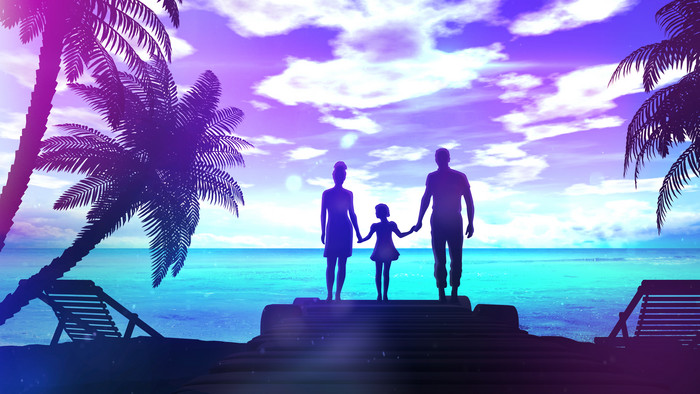 一家人海边眺望剪影合成图片