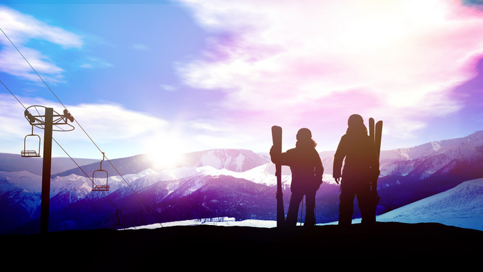 冬季雪人滑雪剪影摄影图片