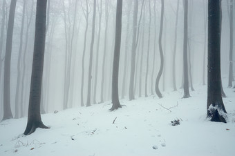 <strong>冬季</strong>积雪迷雾森林摄影图片