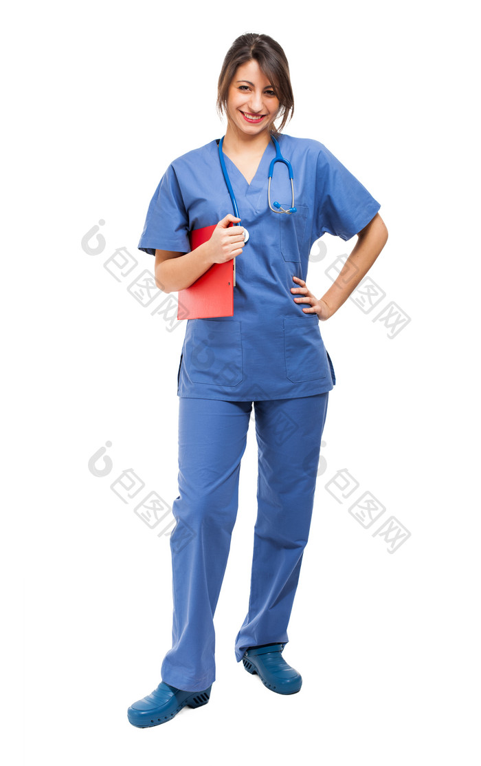 白底蓝衣服红病例本的护士